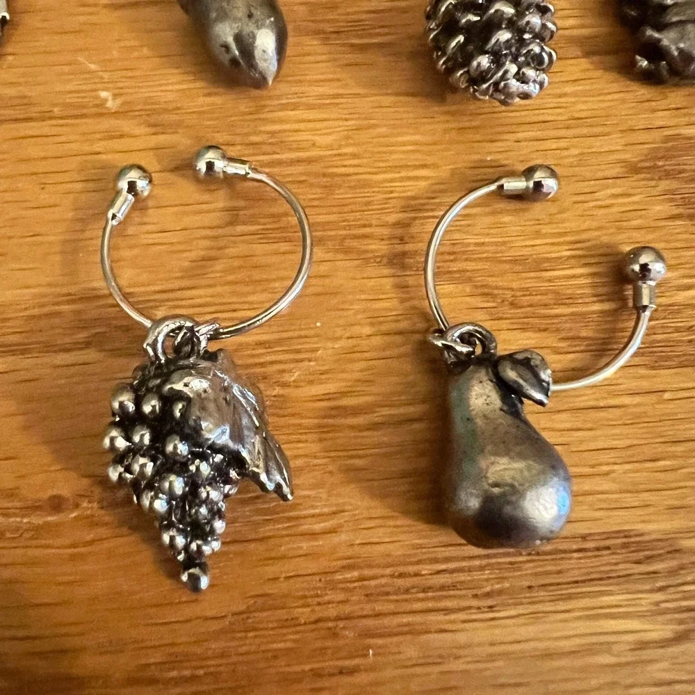 Solid Pewter Wine Glass Charms Set of 6 Heavy Fall Harvest Acorn Leaf Fruit Pear